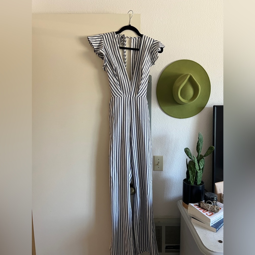 Blue and White Pinstripe Jumpsuit | small | brand Shop 17